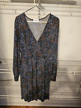 Kaileigh Navy Blue Floral Wrap-Style Long Sleeve Dress
